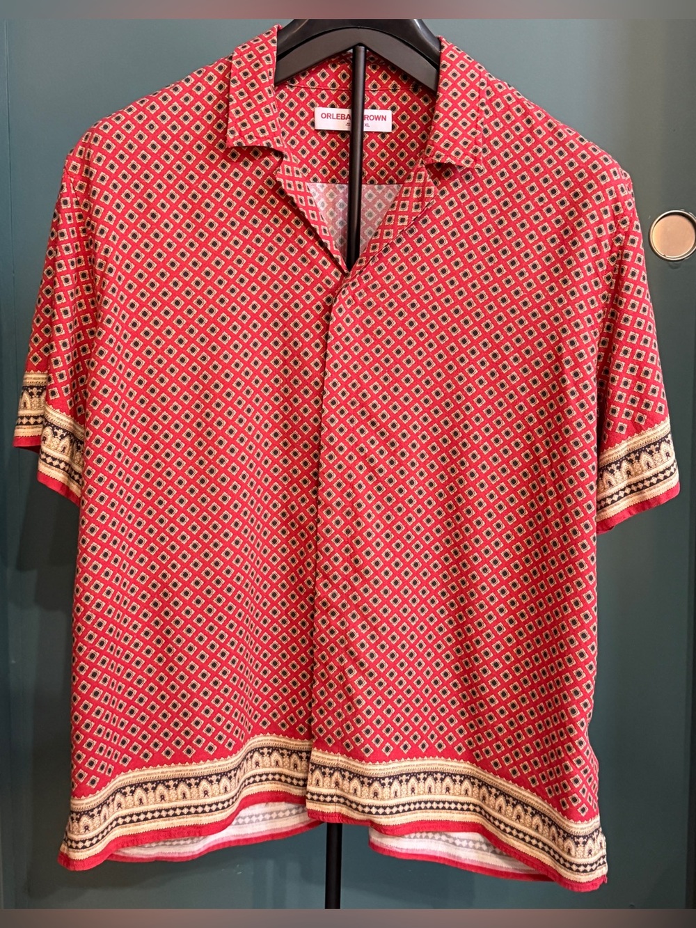 Orlebar Brown Luxury Camp Collar Polo Shirt XXXL $545 Red Geometric Print